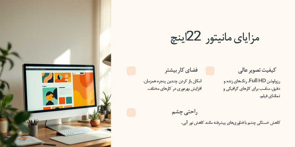 تصویر اینفوگرافیک دباره مزیت های انتخاب مانیتور 22 اینچ برای محیط های کاری