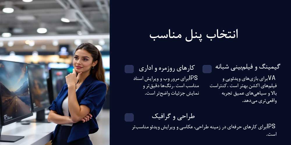 تصویر اینفوگرافیک درباره راهنمایی انتخاب پنل مناسب برای مانیتور 27 اینچی